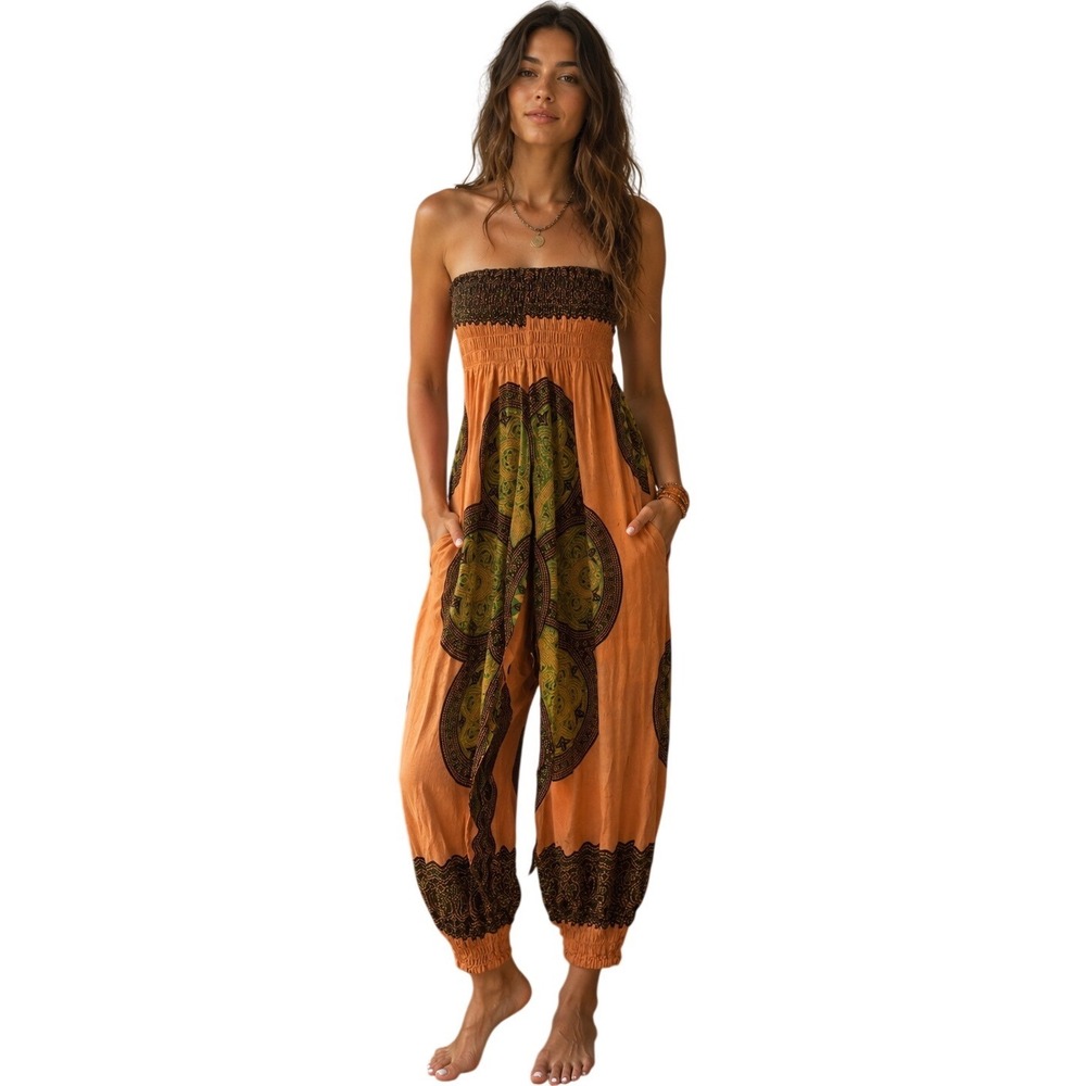YOA Boho Mandala Print Strapless Jumpsuit Harem Pants Orange Green One Size